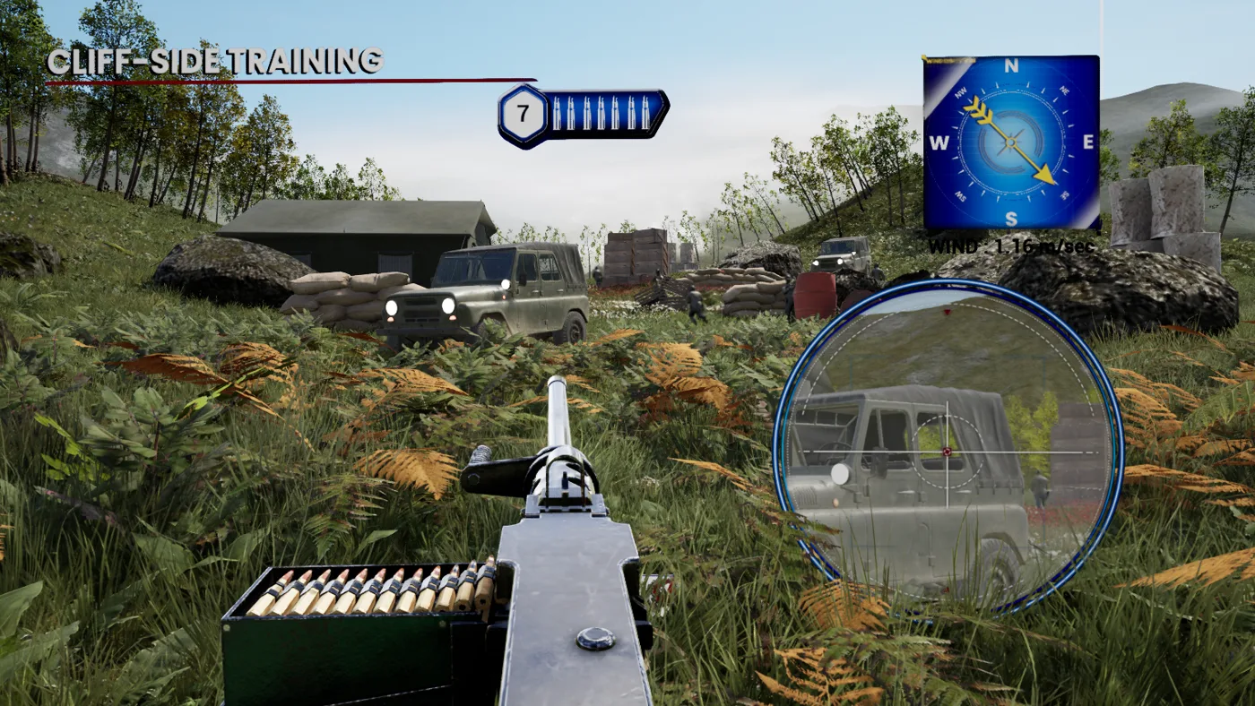 Tactical marksmanship — belt count, magnified optic on a vehicle downrange, and a compass carrying a 1.16 m/s wind the round has to be fired through