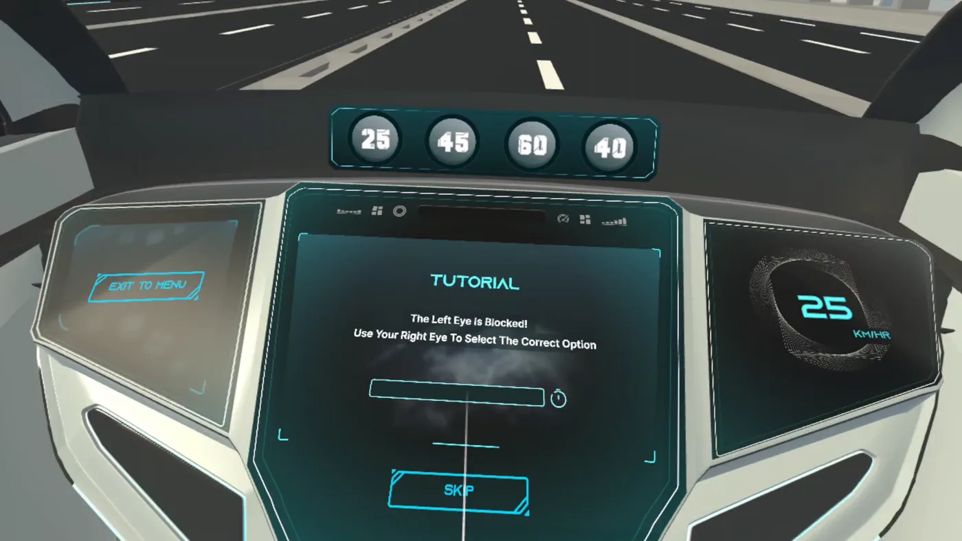 The exercise telling the player one eye is blocked and to answer with the other — four speed limits at a fixed focal distance, one of them correct